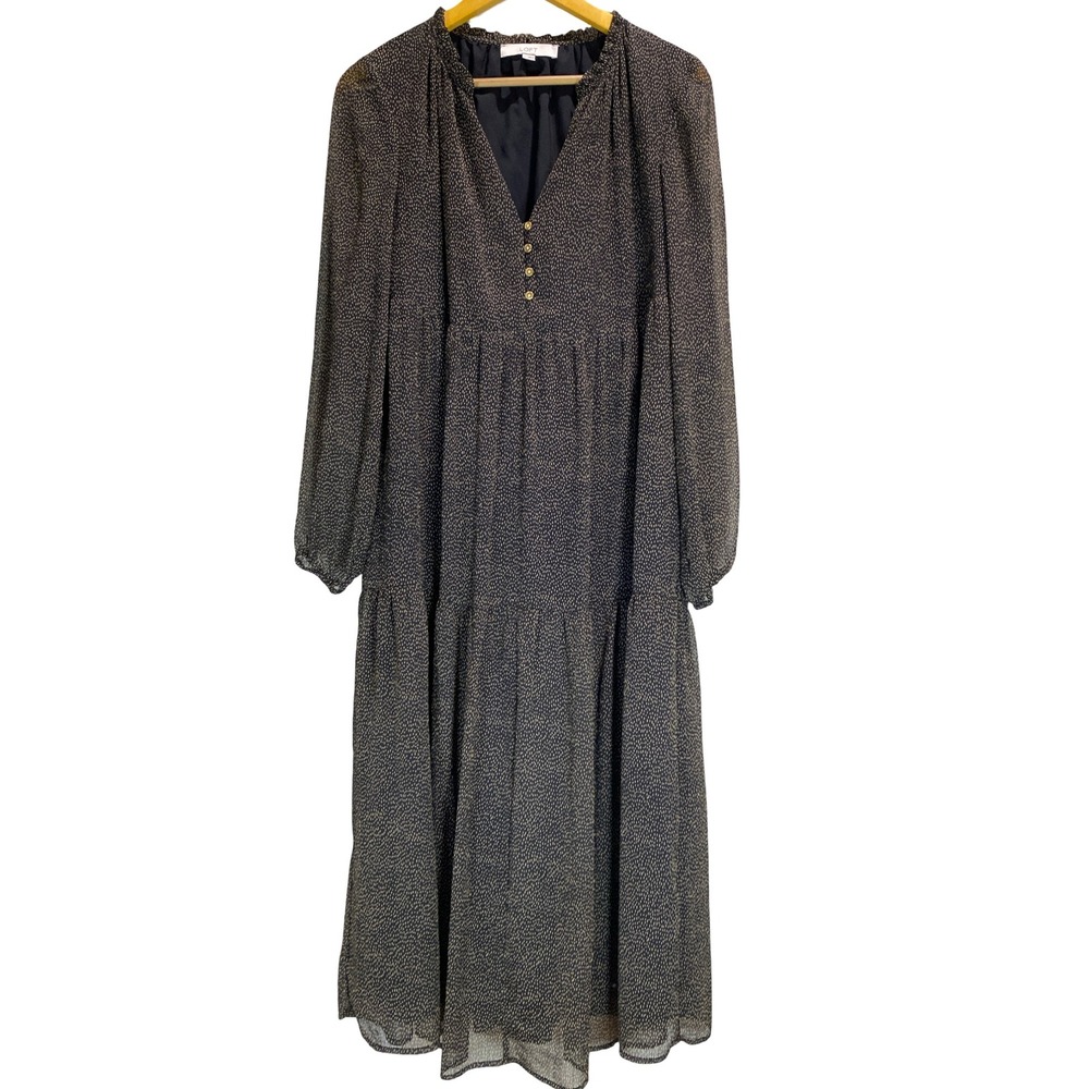 LOFT Black Tan‎ Speckled Chiffon Maxi Dress Small Tiered Ruffle Chic Elegant EUC
